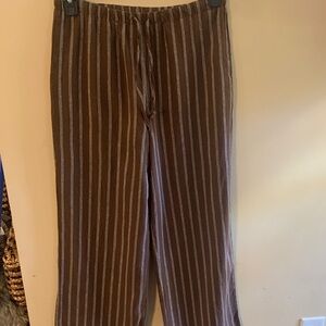 Women's Striped Brown Wide Leg Pants, linen blend, drawstring waist, side pocket